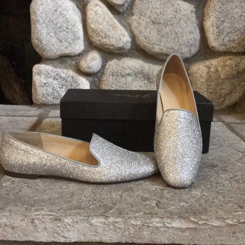 J Crew Silver Glitter Smoking Slipper